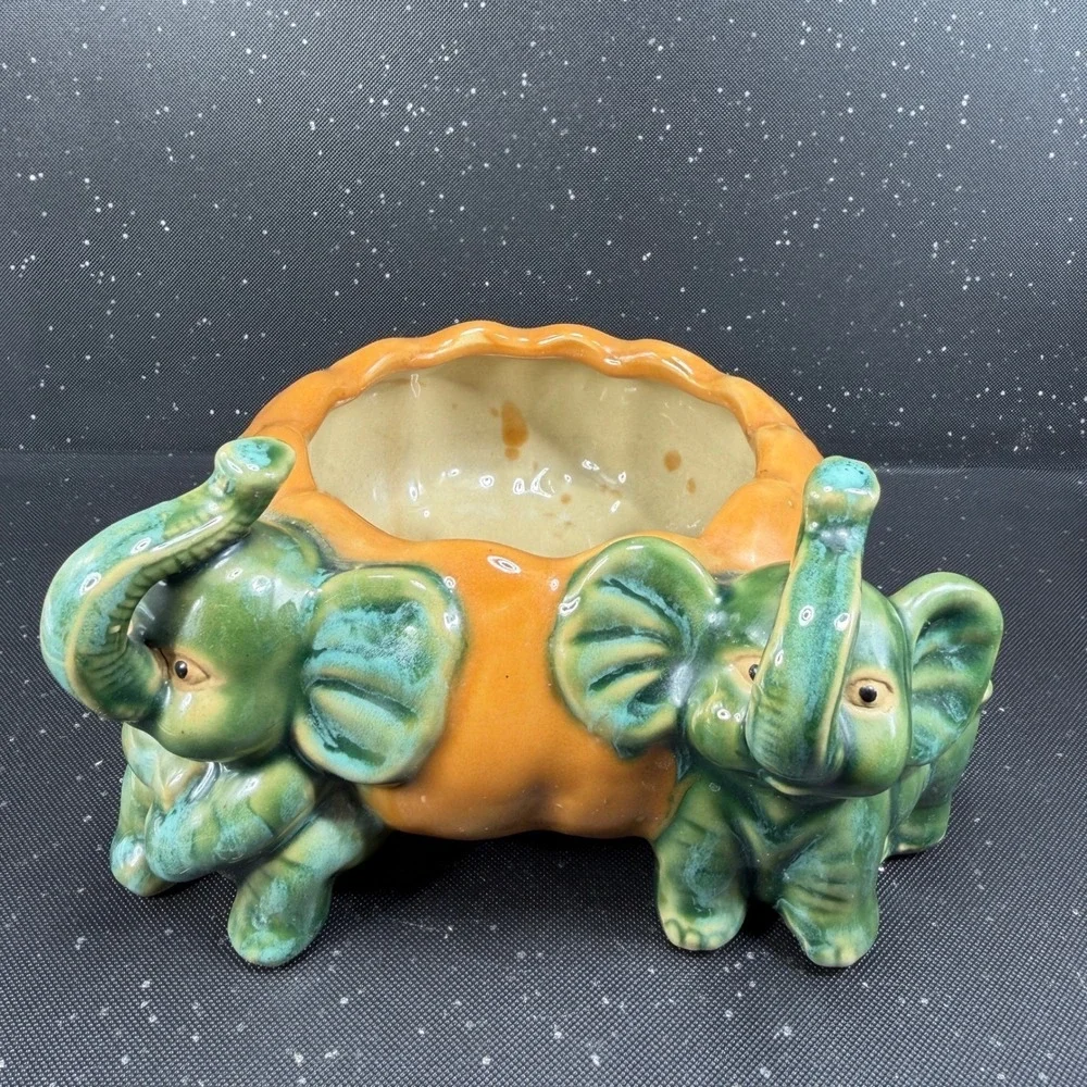 Vintage Majolica Style Elephant Pumpkin Ceramic Planter Green Orange Dish Bowl